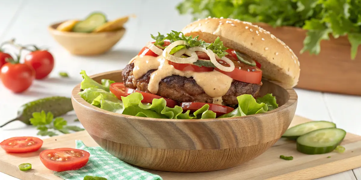 A vibrant burger bowl filled with fresh ingredients like lettuce, tomatoes, and ground beef, topped with a creamy drizzle of sauce, served in a rustic wooden bowl on a bright background.