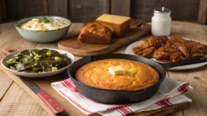 A rustic wooden table featuring a freshly baked, golden-brown skillet cornbread topped with melted butter. Surrounding the cornbread are classic Southern side dishes, including collard greens, crispy fried chicken, and small bowls of traditional Southern accompaniments.