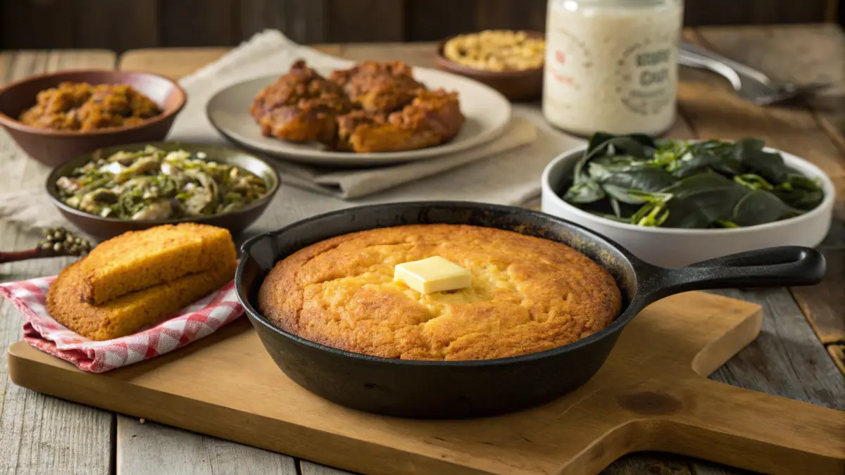 A golden-brown skillet cornbread garnished with melted butter on a rustic wooden table, surrounded by collard greens, fried chicken, and other Southern side dishes.