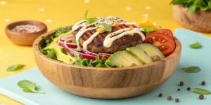 Step-by-step preparation of burger bowl sauce, featuring ingredients like mayonnaise, ketchup, mustard, and spices in a glass mixing bowl.