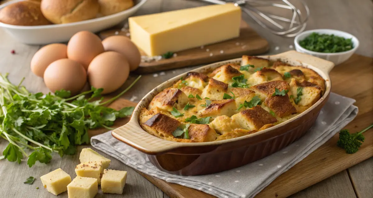 A golden-brown savory bread pudding in a rustic baking dish, garnished with fresh herbs, surrounded by eggs, bread cubes, and cheese on a wooden kitchen countertop.