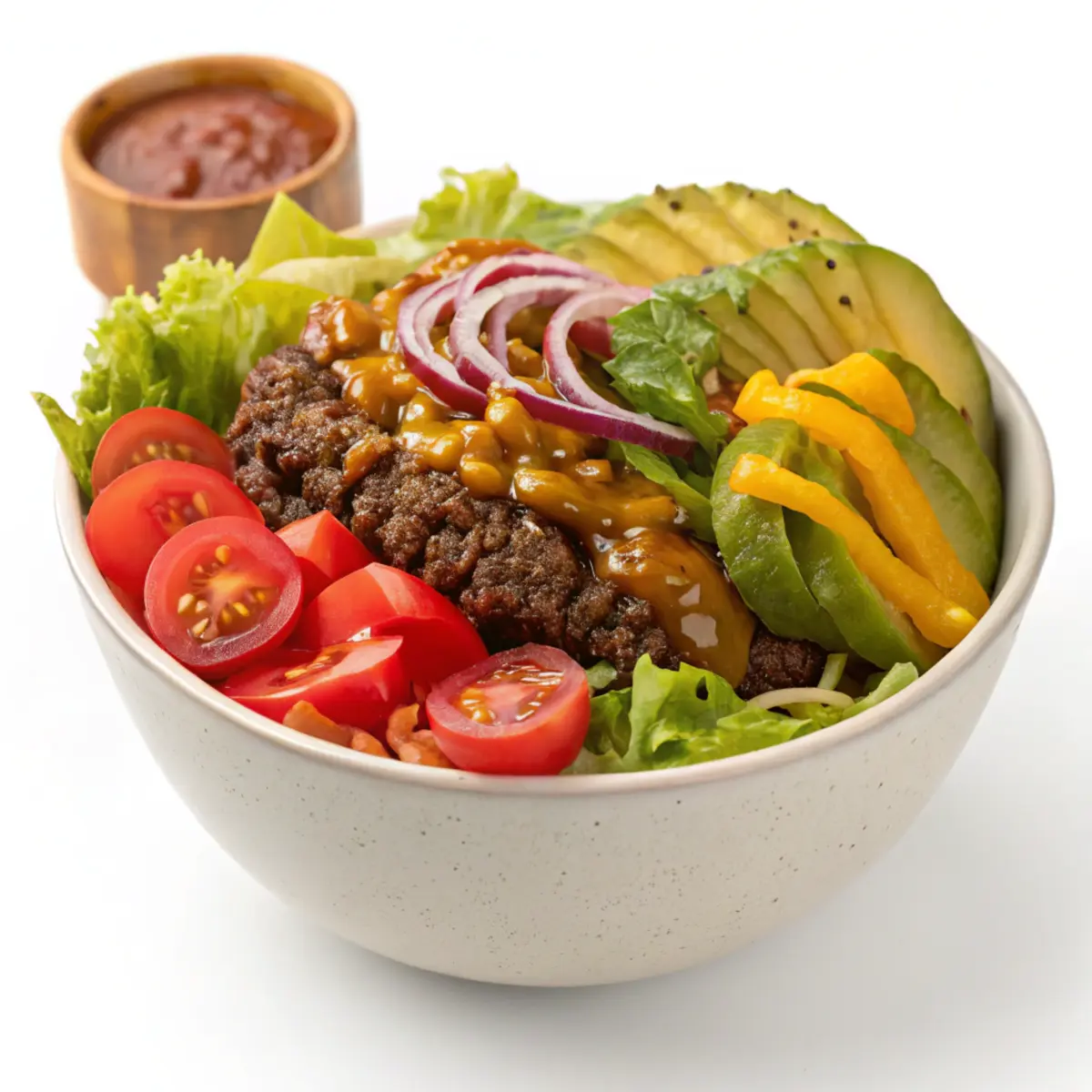 A vibrant burger bowl with colorful layers of lettuce, tomatoes, ground beef, pickles, and a drizzle of sauce.