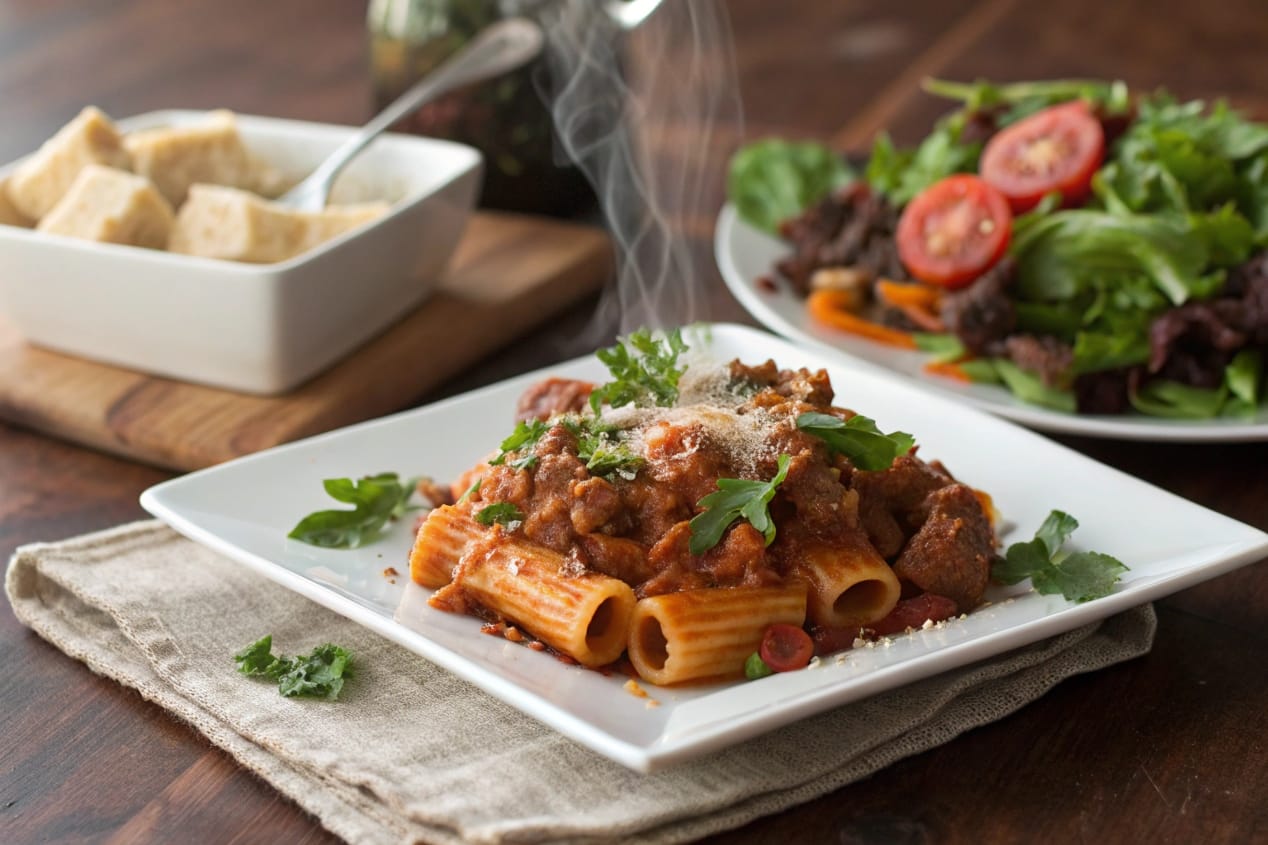 A plate of homemade Beefaroni, garnished with parsley, with steam rising and a side of fresh salad.