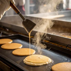 Pancake batter being poured onto a hot griddle with steam and spatula in view.