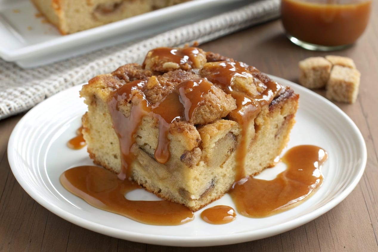 Freshly baked bread pudding topped with caramel sauce, showcasing its moist texture.