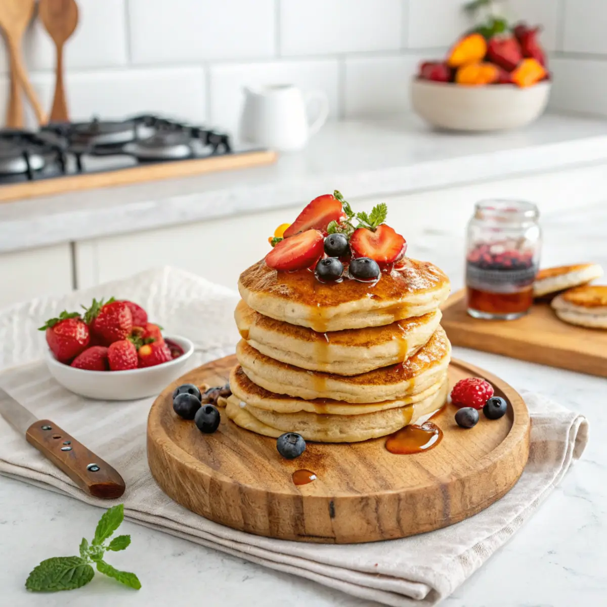 Stack of fluffy eggless pancakes topped with syrup and fresh fruit in a bright kitchen.