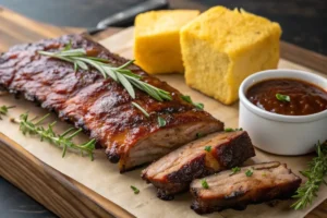 Close-up of a smoked rack of ribs garnished with fresh herbs, served with sauce and cornbread.