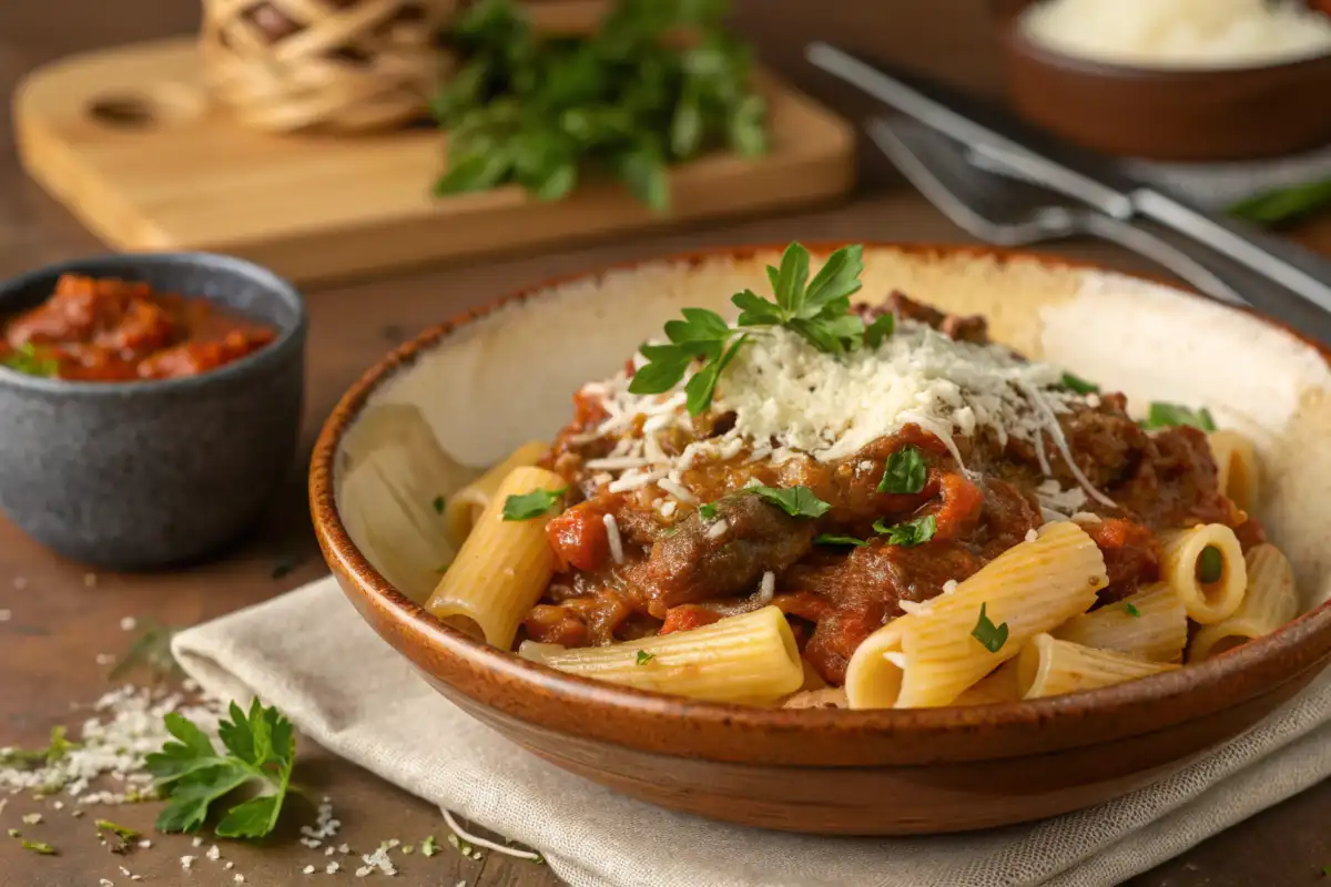 A rustic bowl of beefaroni topped with grated Parmesan and fresh parsley, served on a wooden table with a warm and cozy background.