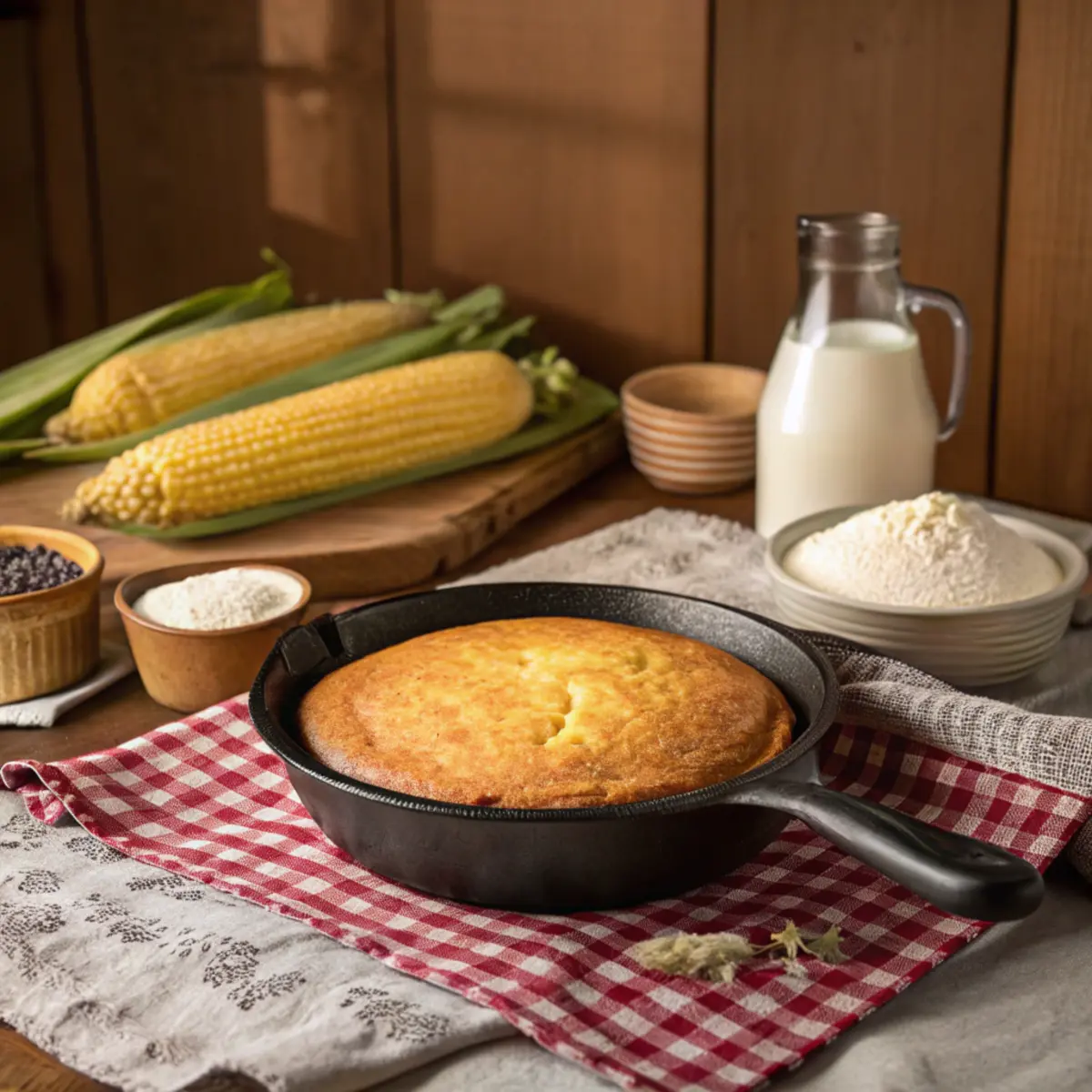 A rustic kitchen featuring a cast-iron skillet with golden, freshly baked cornbread. Surrounding the skillet are bowls of cornmeal, flour, and a jug of buttermilk on a wooden countertop.