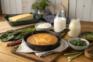 Golden-brown cornbread in a cast iron skillet, placed on a wooden table with surrounding Southern staples like buttermilk, cornmeal, and greens.