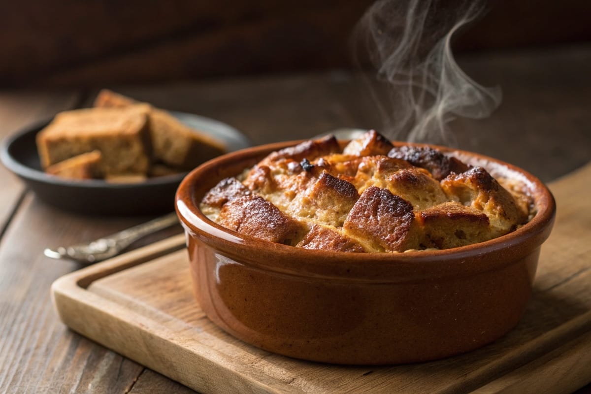 Golden-brown bread pudding in a rustic ceramic dish with steam rising.