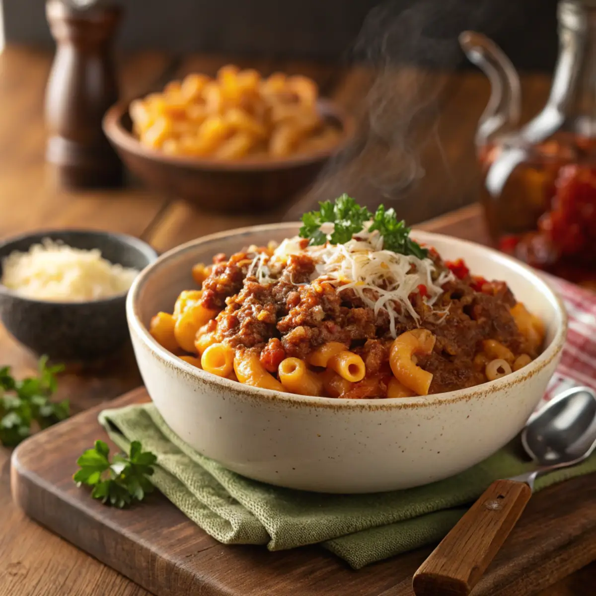 A bowl of beefaroni with macaroni in tomato sauce, browned ground beef, melted cheese, and parsley, placed in a cozy kitchen setting.