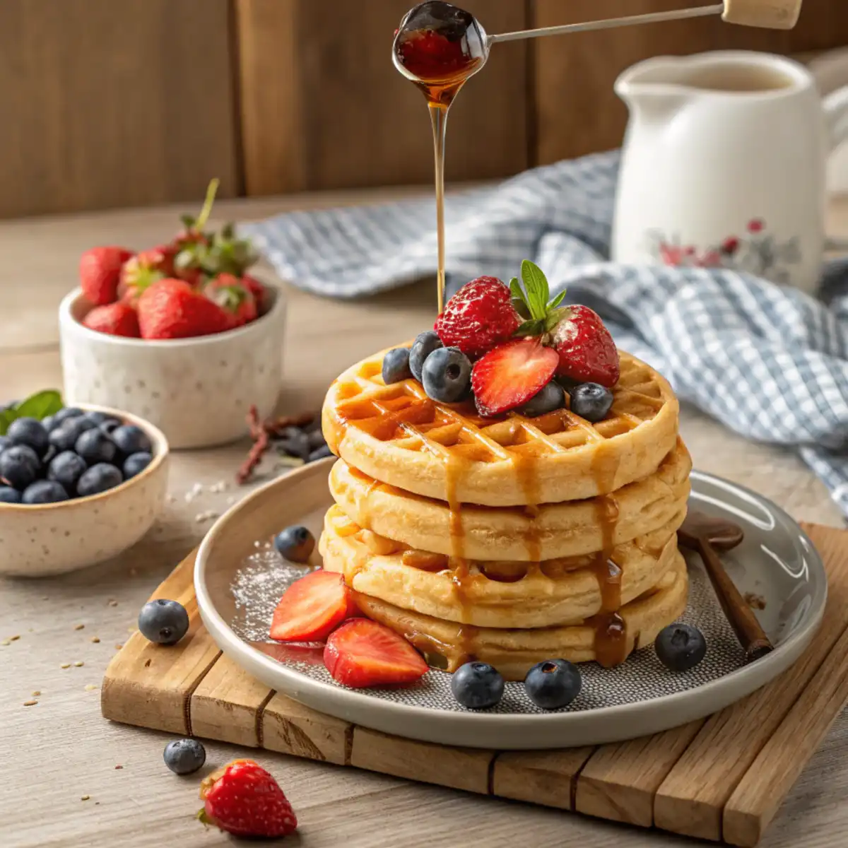 A stack of golden, fluffy waffles drizzled with syrup, topped with fresh berries, served on a rustic wooden breakfast table.