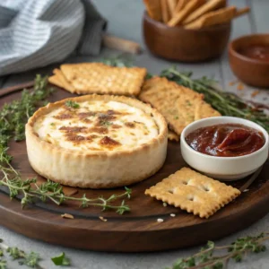 Close-up of smoked cream cheese with a golden-brown crust on a wooden platter, surrounded by crackers, fresh herbs, and barbecue sauce.