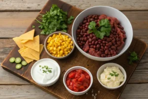 Close-up of taco soup ingredients including ranch dressing packet, beans, corn, and tomatoes.