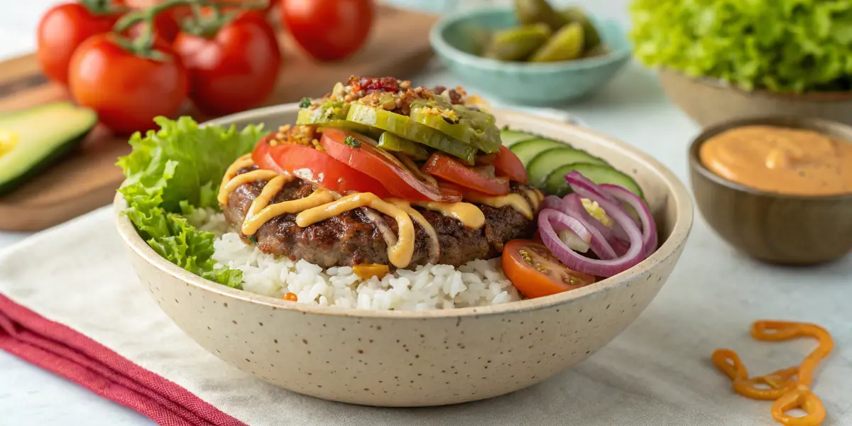 A colorful burger bowl with rice topped with ground beef, lettuce, tomatoes, pickles, and a drizzle of special sauce.