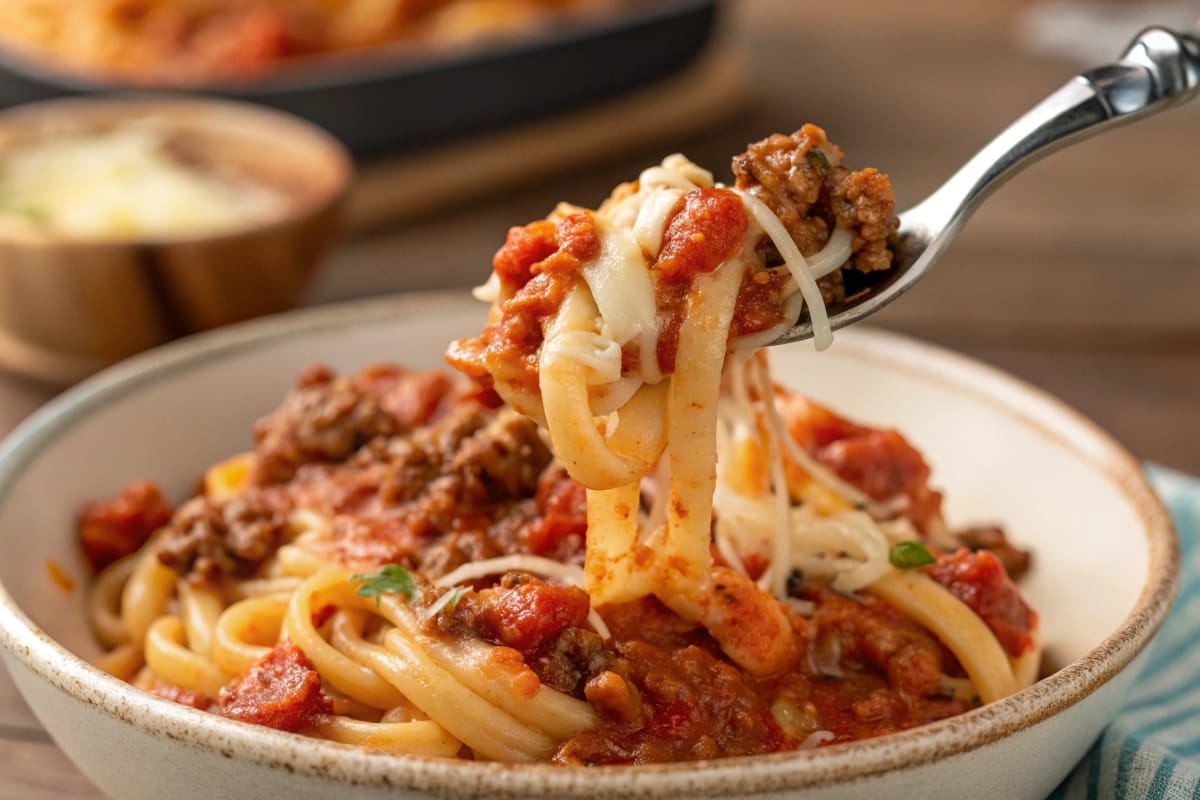 Steaming casserole dish of cheesy beefaroni topped with melted cheese and fresh parsley.