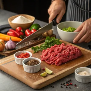 Close-up of raw roni meat preparation with minced beef, spices, and fresh vegetables on a cutting board with a chef’s hands.