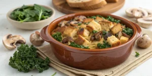 A close-up view of vegetarian savory bread pudding, featuring crispy golden edges and fresh herbs, accompanied by raw ingredients like mushrooms and kale.