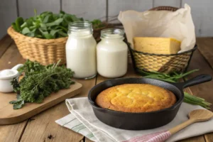 A cast iron skillet with freshly baked golden-brown cornbread, surrounded by buttermilk, cornmeal, and greens in a rustic kitchen setting.