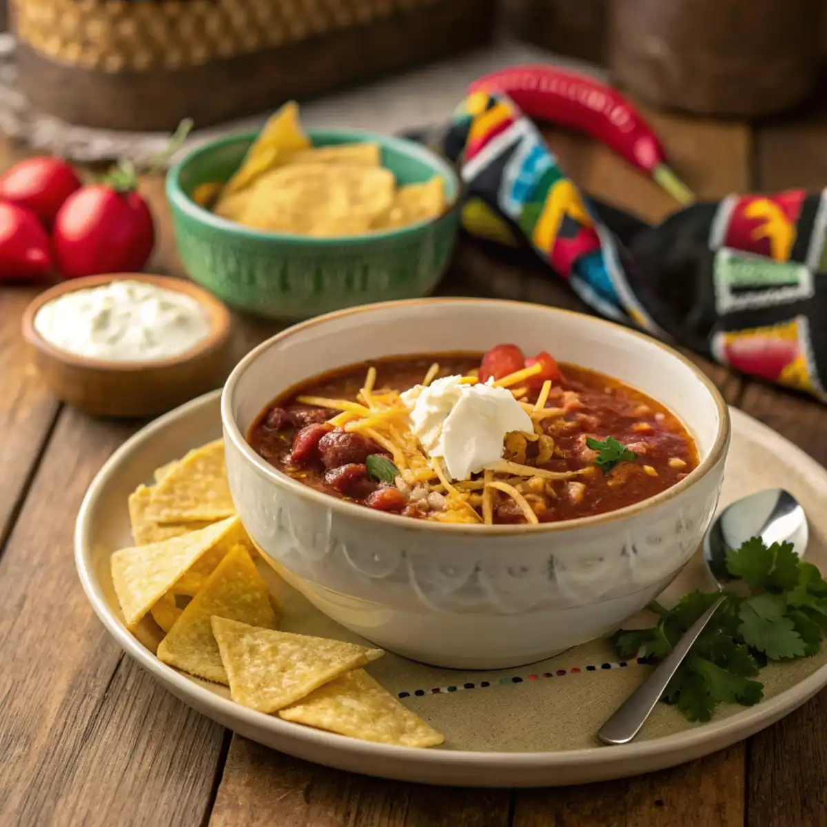 Steaming bowl of 5 ingredient taco soup garnished with shredded cheese, sour cream, and crushed tortilla chips on a rustic wooden table.