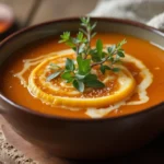 Steaming bowl of soup with fresh herbs.