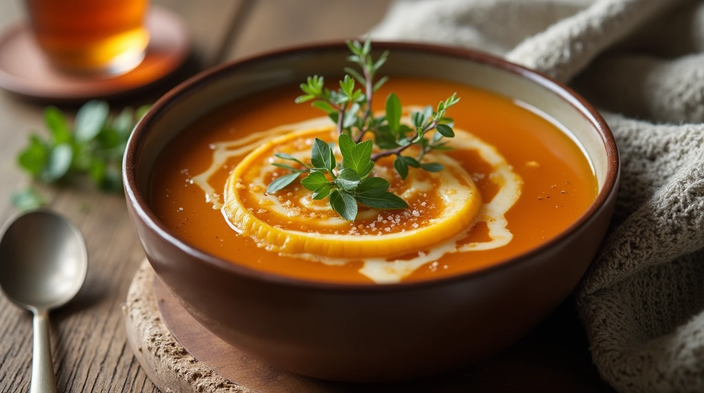 Steaming bowl of soup with fresh herbs.