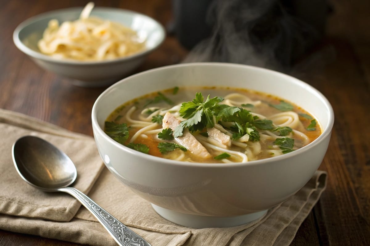 A steaming bowl of chicken noodle soup garnished with fresh herbs and a spoon resting beside it.