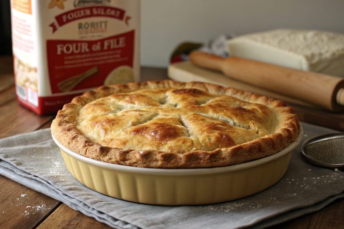 Freshly baked pie with a golden, flaky crust next to a bag of bread flour.