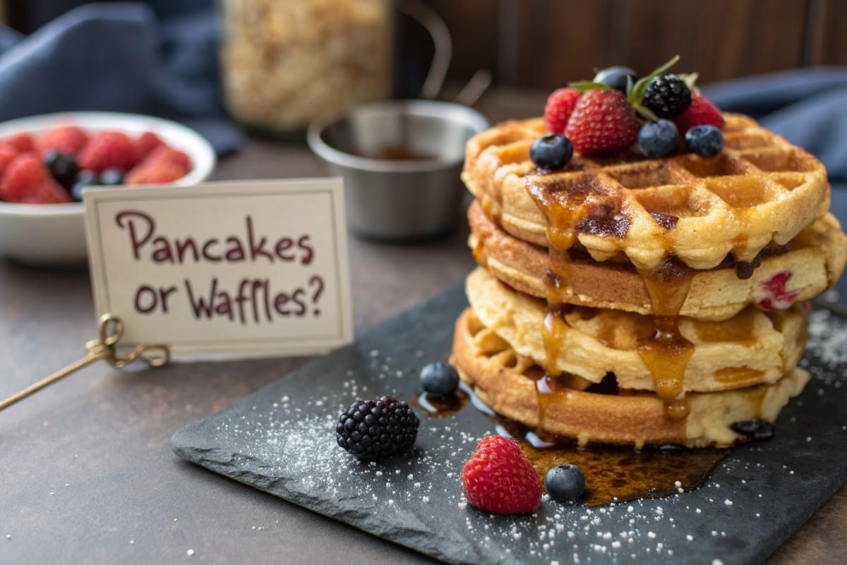 Going by the photo’s caption ‘Pancakes or Waffles?’ it can be assumed that it shows a pile of delicious golden waffles dripping with syrup and garnished with fresh berries.