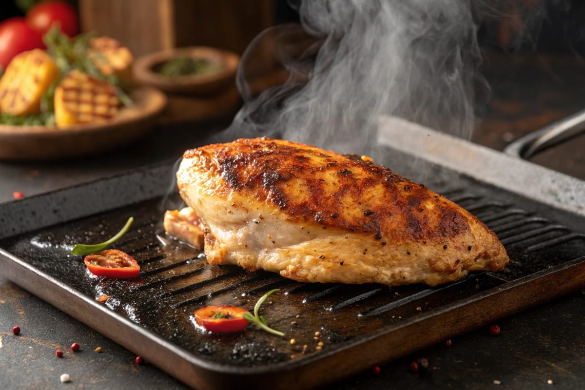 Golden-crusted chicken sizzling on a griddle with steam rising.