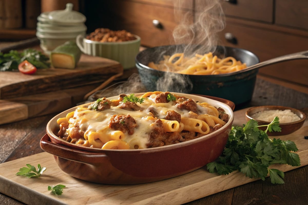 Steaming dish of cheesy beefaroni in a rustic kitchen setting, with melted cheese bubbling on top and garnished with fresh parsley.