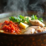 Steaming bowl of herbal Chinese soup with ginger, goji berries, and chicken.