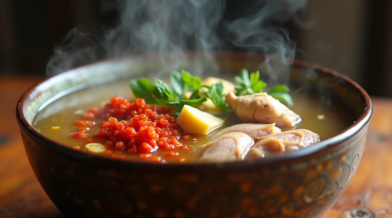 Steaming bowl of herbal Chinese soup with ginger, goji berries, and chicken.