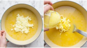 Step-by-step preparation of egg drop soup with egg strands added to the broth.