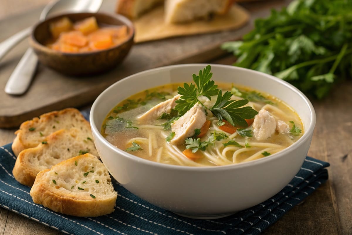 A steaming bowl of chicken noodle soup garnished with fresh parsley and served with crusty bread.