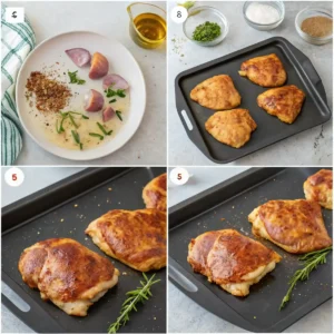 Step-by-step cooking of marinated chicken thighs on a flat top griddle, transitioning from raw to golden-brown perfection.