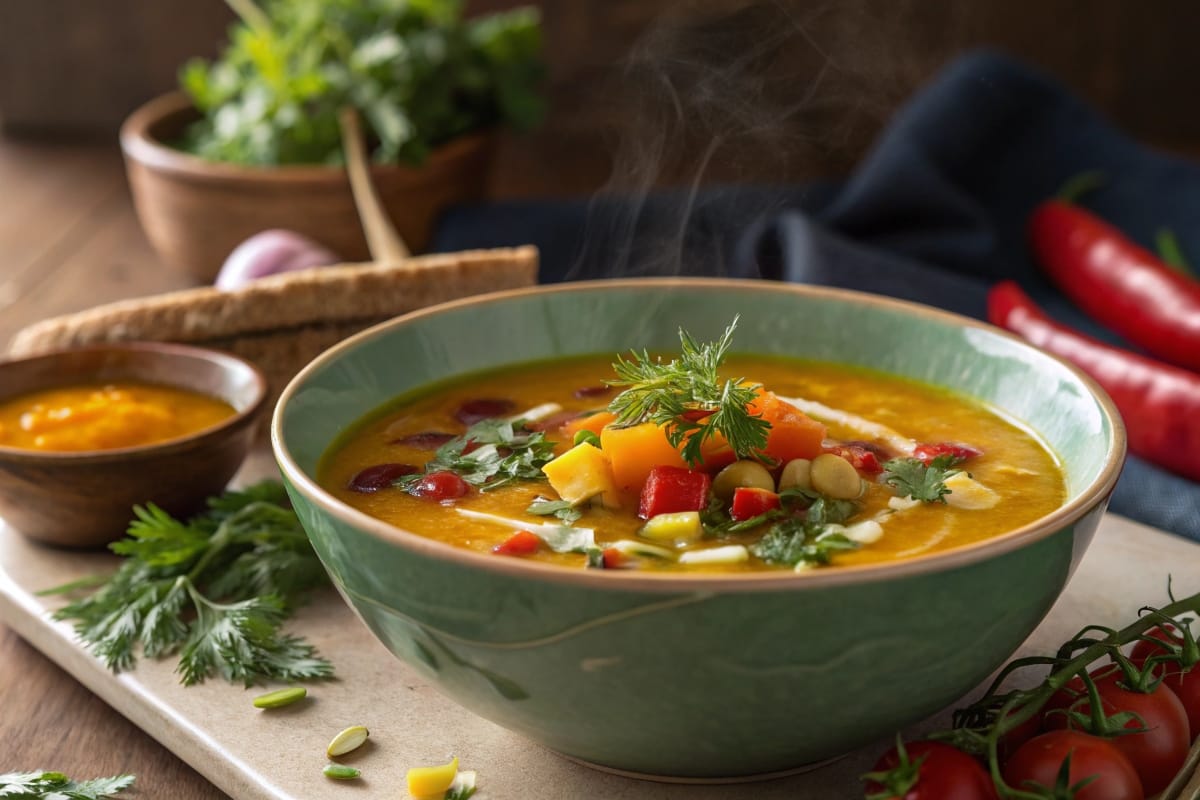 Garnished with fresh herbs, a bowl of koshari is thoughtfully prepared