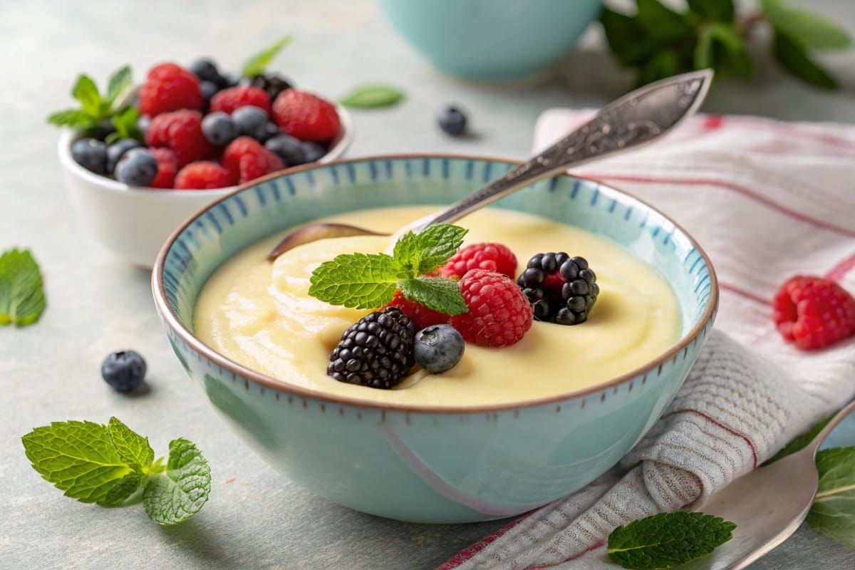 A bowl of creamy pudding garnished with fresh berries and mint leaves, with a spoon ready to serve.