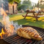 Grilled chicken breasts with nice flame and grill marks in a sunny backyard.