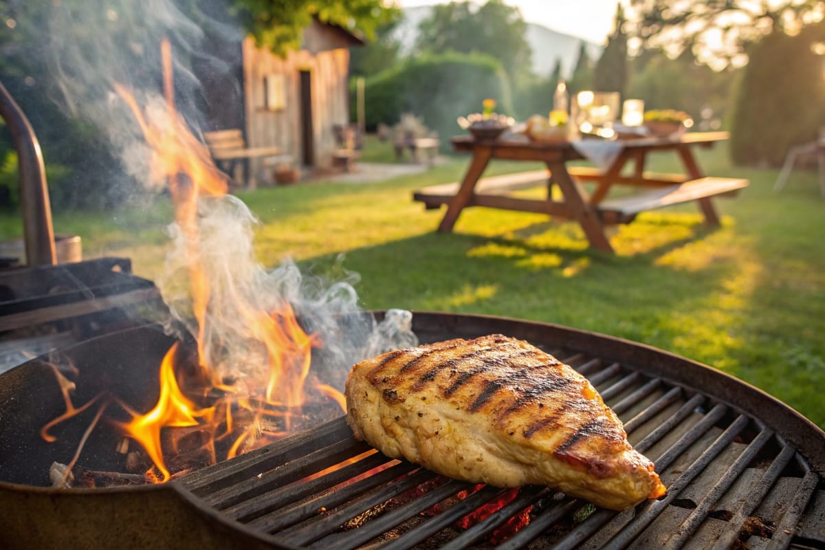 Grilled chicken breasts with nice flame and grill marks in a sunny backyard.