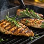 Sizzling chicken breasts on a fuel grill with grill marks and garnished with clean herbs.