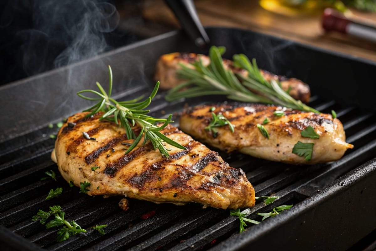 Sizzling chicken breasts on a fuel grill with grill marks and garnished with clean herbs.