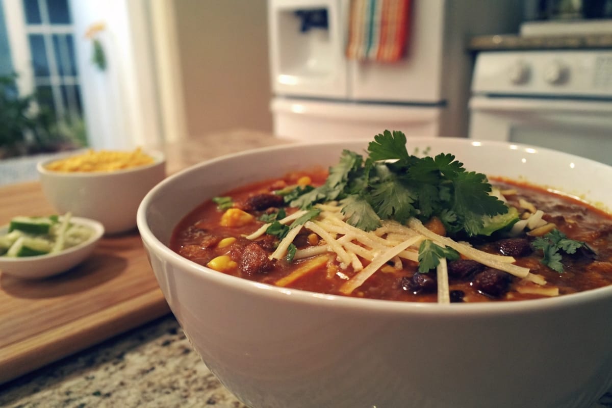 Bowl of taco soup garnished with cheese and cilantro in the front of a refrigerator.