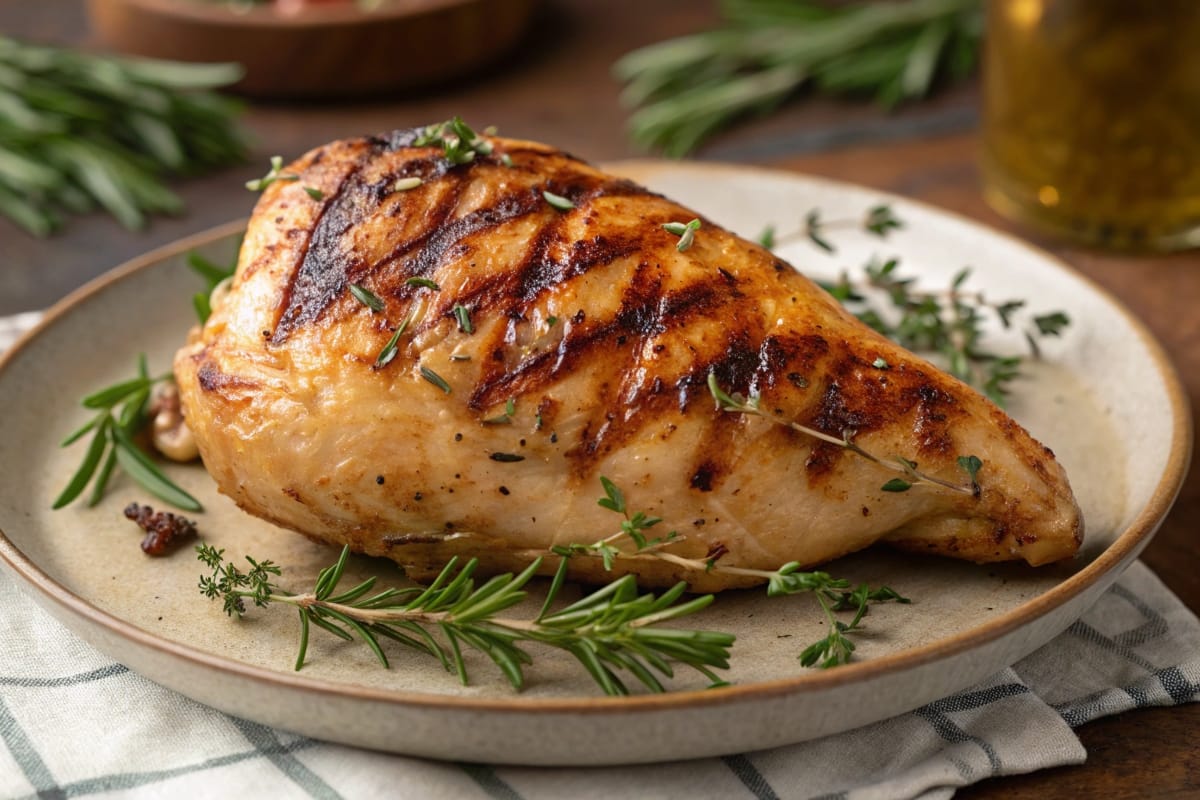 Perfectly grilled chicken breast with golden brown grill marks, garnished with fresh herbs.