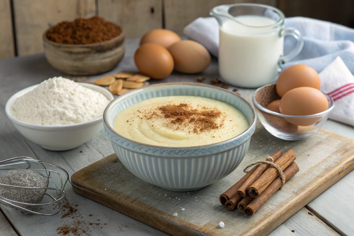 Bowl of pudding surrounded by eggs, cornstarch, and milk on a rustic kitchen counter.