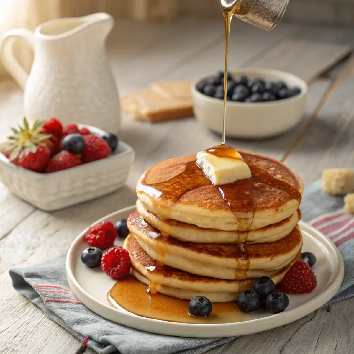 Stack of golden-brown pancakes with butter, maple syrup, and fresh berries on a white plate in morning light.