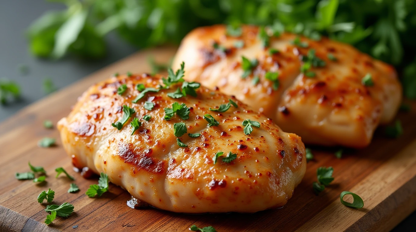 Tender chicken breasts garnished with fresh herbs.