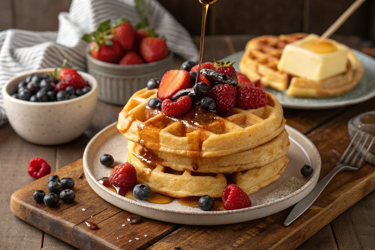 Golden waffles topped with fresh berries, syrup, and a pat of butter on a plate, set against a rustic kitchen background.