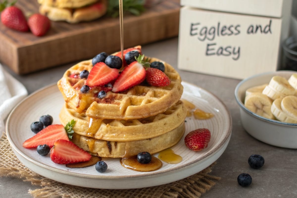 Golden waffles with syrup, culmination, and "Eggless and Easy"